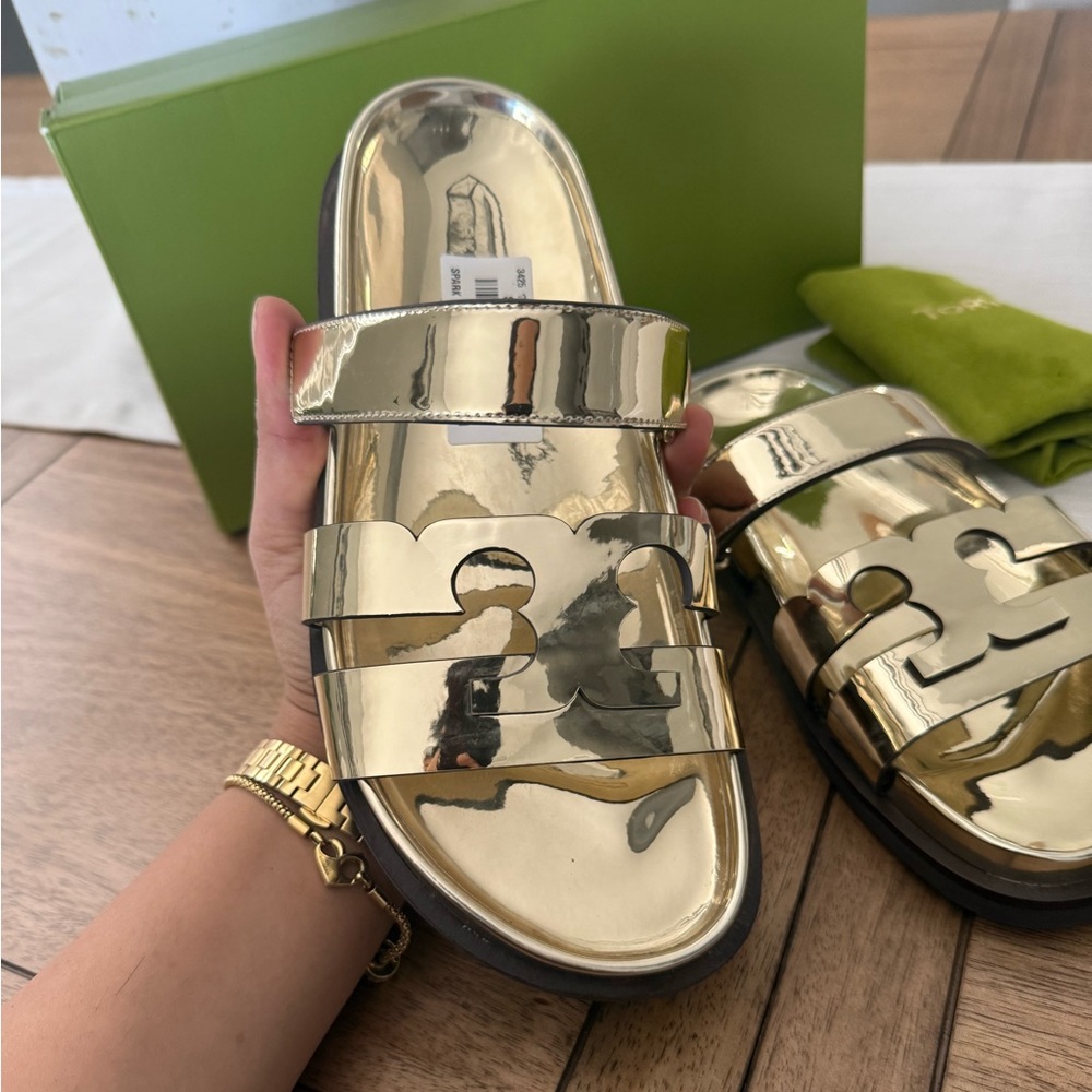 NWT Tory Burch spark Gold Metallic ines sport slide mirrored Sandals